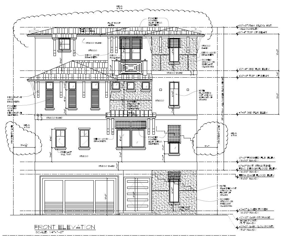 Picture of residential front elevation with height and setback measurements. Click opens full sized image.