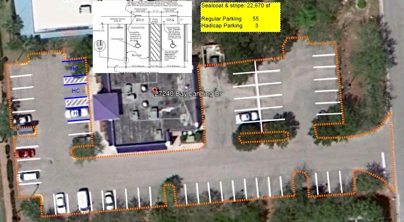 Picture of parking lot aerial view delineating number of parking spaces.